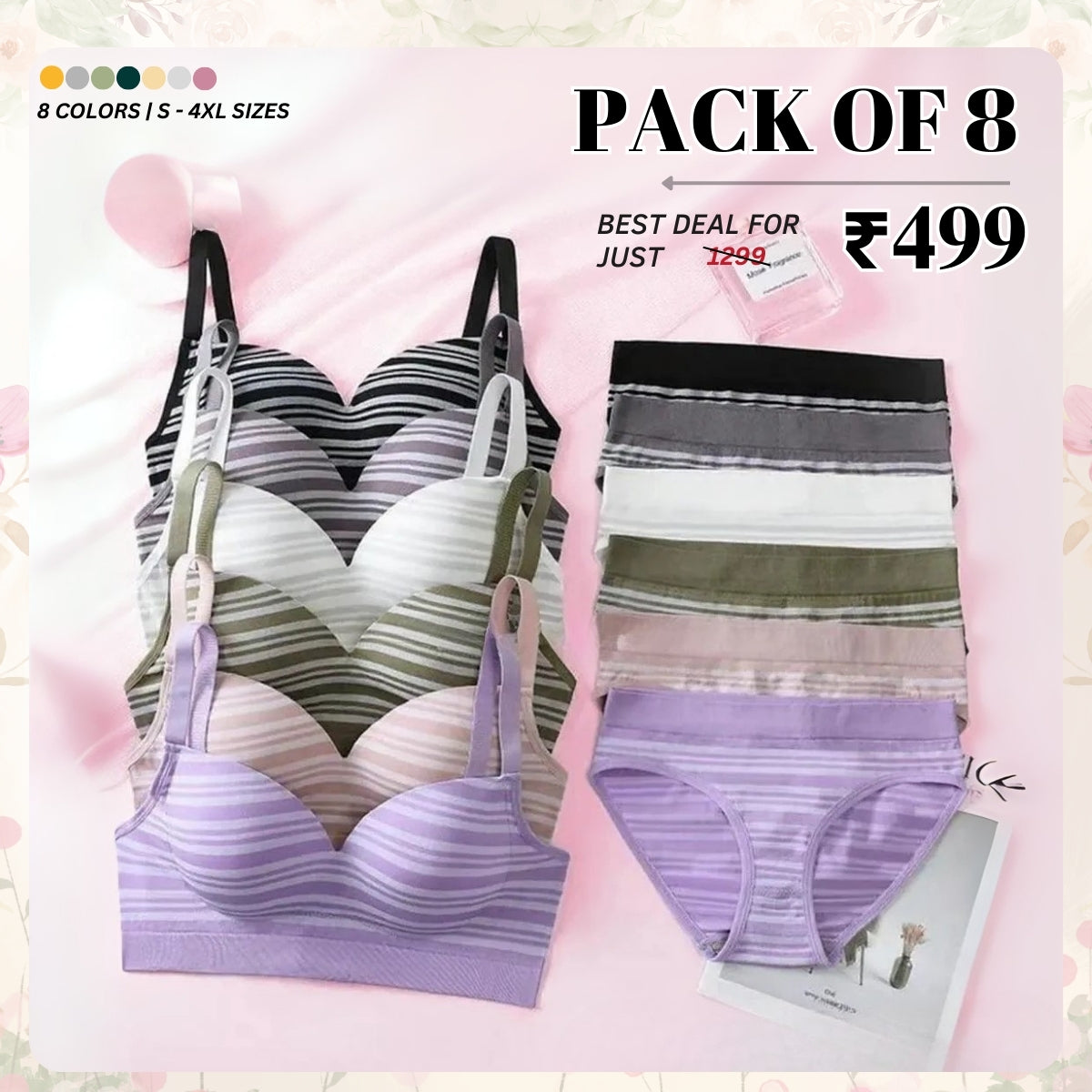 (Pack of 8) Women's  Bra and Panty Lingerie Set for Women | Every Occassion | L-4
