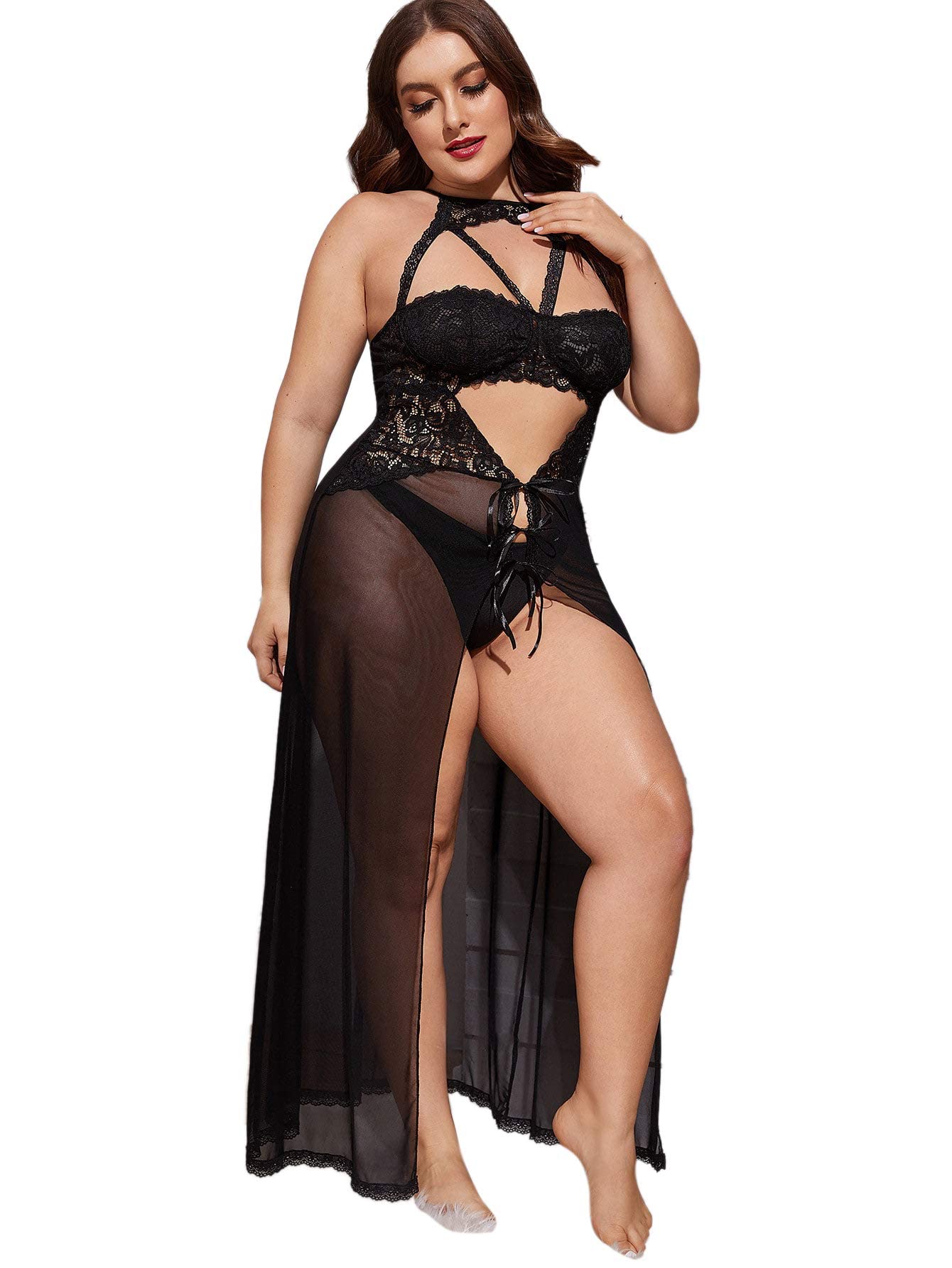 Plus Size Split Long Mesh Lingerie | RD-39